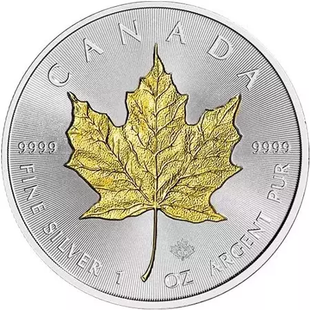 Srebrna Moneta Kanadyjski Liść Klonowy 1 uncja (platerowany złotem) 24h