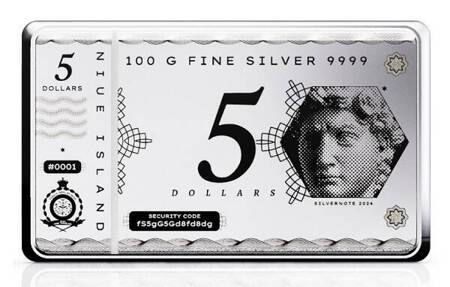 Srebrna Sztabko-Moneta Niue: Silver Note Coinbar 100g NOWOŚĆ